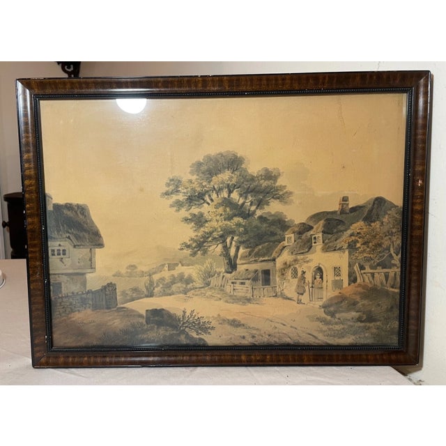 Brown Antique 19th Century Landscape Farm Village Realism Watercolor Painting Country For Sale - Image 8 of 12