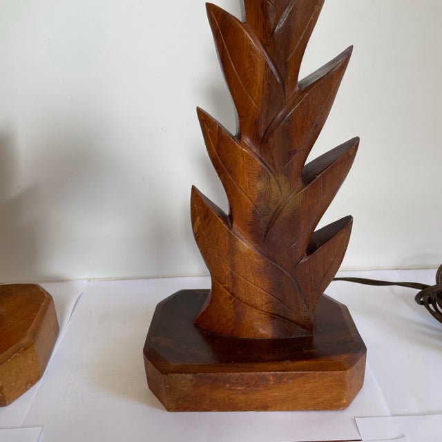 1930s Vintage 30’s Deco Hawaiian Hand Carved Wood Pineapple Leaves Table Lamps Tropical - a Pair For Sale - Image 5 of 9