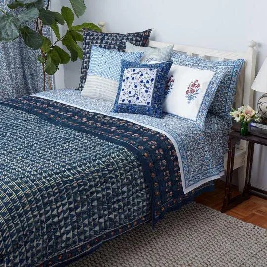 Anna Queen Bed Blue Flat Sheet For Sale - Image 4 of 6