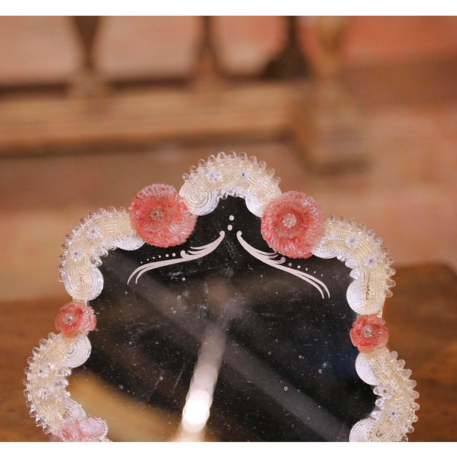 Mid 20th Century Mid-Century Italian Murano Glass Vanity Mirror With Pink Flowers For Sale - Image 5 of 8
