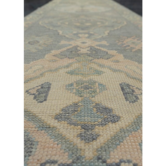 Textile Turkish Oushak Rug Soft Blue & Green Geometric Handwoven Wool Rug 2'8" X 9'1" For Sale - Image 7 of 11