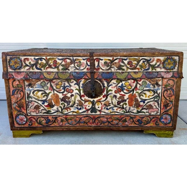 Blue Museum-Quality 18th Century Peruvian Spanish Colonial Polychromed Leather Dowry Trunk/ Chest For Sale - Image 8 of 18