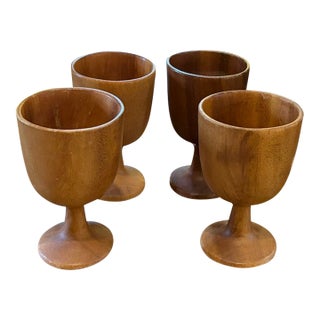 Mid Century Hand Carved Wood Goblets, Signed For Sale