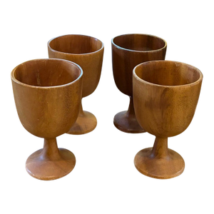 Mid Century Hand Carved Wood Goblets, Signed