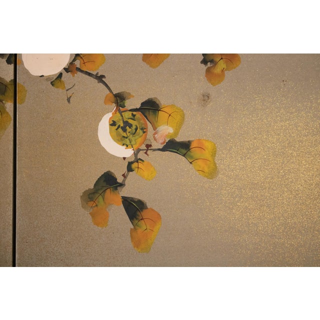 "Sparrows and Persimmon", Showa Era Japanese Yamato-E Style Byobu Screen For Sale In Dallas - Image 6 of 18