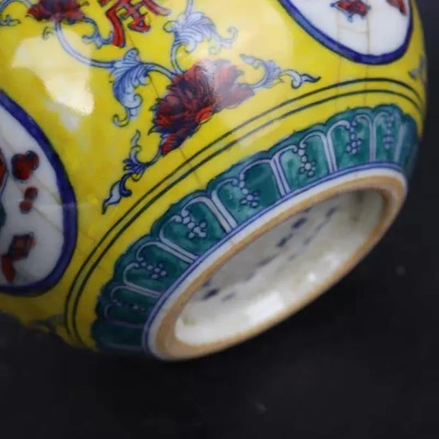 Chinese Vintage Ceramic Pot,Old Porcelain Factory Yellow Ground Famille Verter Porcelain Brush Washer Hand Painted Flowers Pattern For Sale - Image 4 of 7