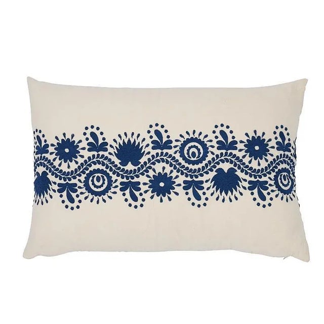 Folk Art Schumacher Theodora Embroidery 24" Lumbar Pillow in Blue For Sale - Image 3 of 3