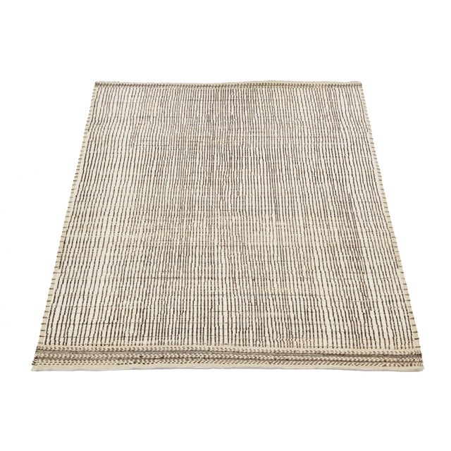 Ivory Modern Moroccan Style Wool Rug With Handmade Linear Pattern For Sale In New York - Image 6 of 11
