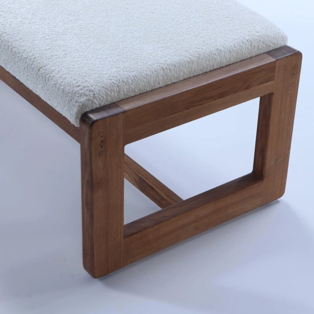 Pair Italian Contemporary Oak Benches Done in a Boucle White Fabric and Having Deep Seats For Sale - Image 11 of 11