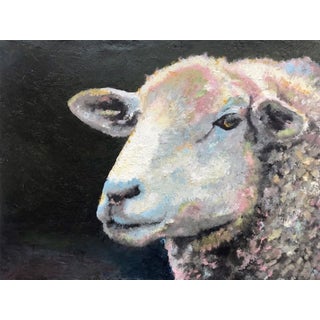 Guinness by Carrie Goller | Oil and cold wax on wood panel Sheep portrait on dark background For Sale