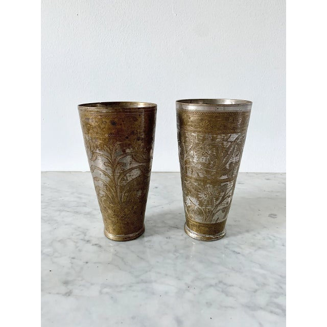 Antique Indian Etched Brass Lassi Cups or Bud Vases, a Pair For Sale - Image 14 of 14