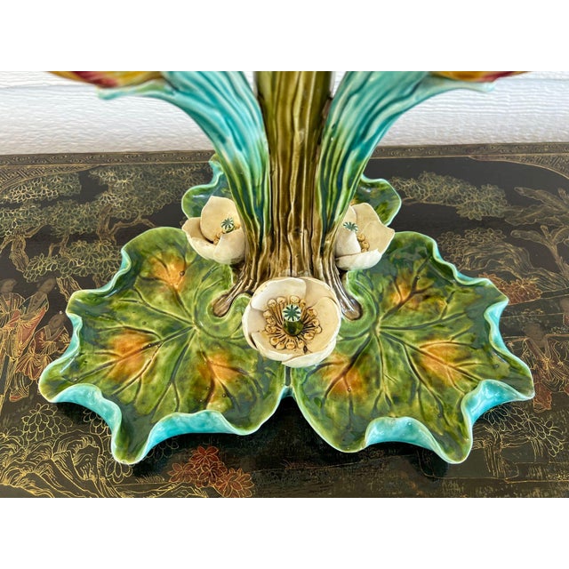 Antique French Majolica Vase Centerpiece Onnaing Art Nouveau Iris Tulip C1900 For Sale - Image 10 of 18