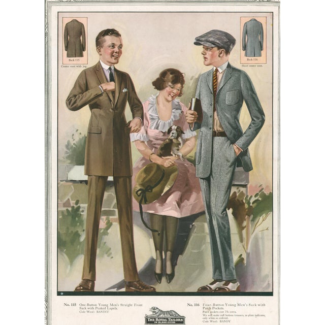 Original vintage fashion advertising plate from The Royal Tailors, 'In 10,000 Cities.' Features No. 115, a one-button...
