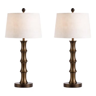 Late 20th Century Sculptural Segmented Column Aged Bronze Finish Table Lamps Bamboo Form Influence 32” H (L324) - a Pair For Sale