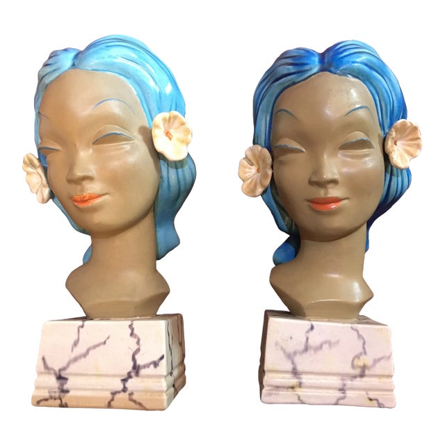 1930s Goldscheider Deco Island Ladies Heads Ceramic Bookends - a Pair For Sale