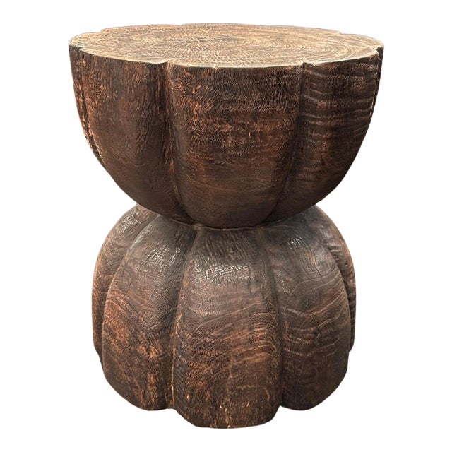 Round Mango Wood Side Table, Carved Detailing, Modern Organic, Brown Finish For Sale