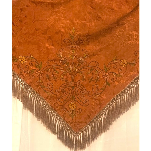 Textile Victorian Silk Damask Piano Scarf With Cut Velvet Flowers & Fringe Trim For Sale - Image 7 of 8