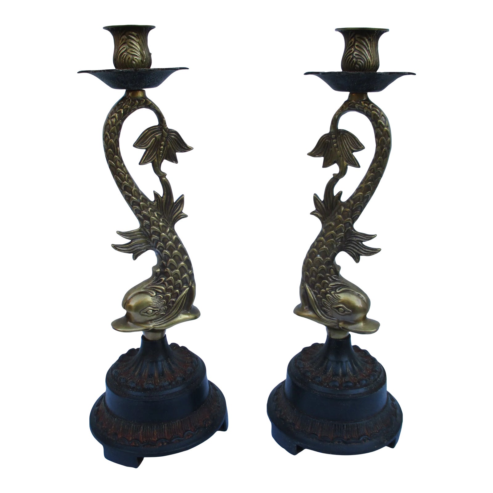 Vintage Brass Koi Fish or Dolphin Candlesticks | Chairish