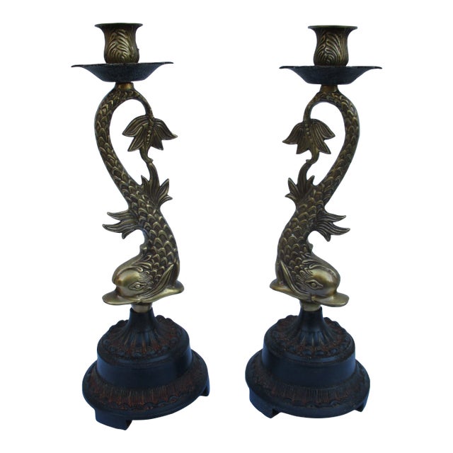 Vintage Brass Koi Fish or Dolphin Candlesticks For Sale