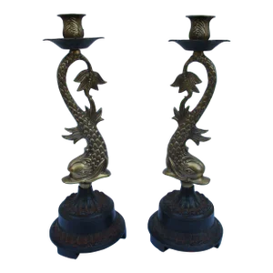 Vintage Brass Koi Fish or Dolphin Candlesticks