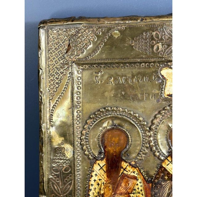Antique Orthodox Icon with 3 Saints on Gilded Tempera Wooden Board For Sale - Image 6 of 10