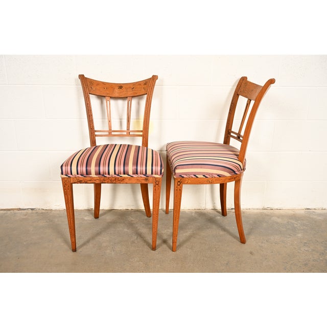 Antique Italian Regency Fruitwood Inlaid Marquetry Side Chairs or Dining Chairs, Pair For Sale - Image 15 of 17