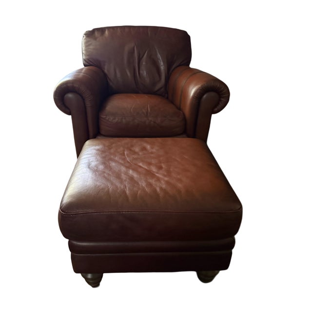 Natuzzi Maturità Italian Cognac Leather Armchair & Ottoman – Made in Italy For Sale In Saint Louis - Image 6 of 12