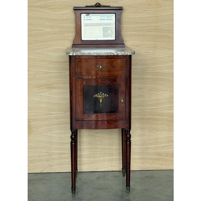 Late 19th century Art Nouveau pair of nightstands with marquetry inlays in walnut, bronze handles, restored and polished...