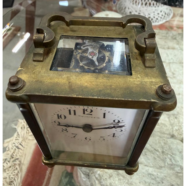 Traditional Antique Tiffany & Co Swiss Made Brass Carriage Clock 11 Jewels France For Sale - Image 3 of 7