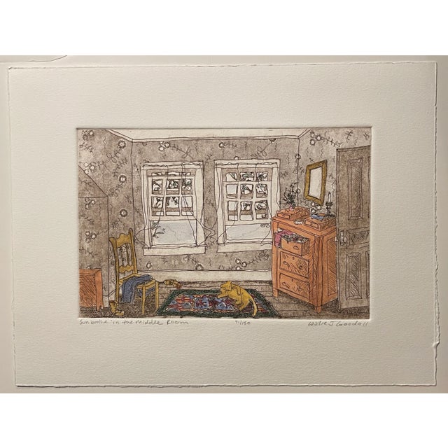 Leslie Jones Goodall (Virginia) "Sunbathe in the Middle of the Room" feline etching on paper with hand tinting. Pencil...