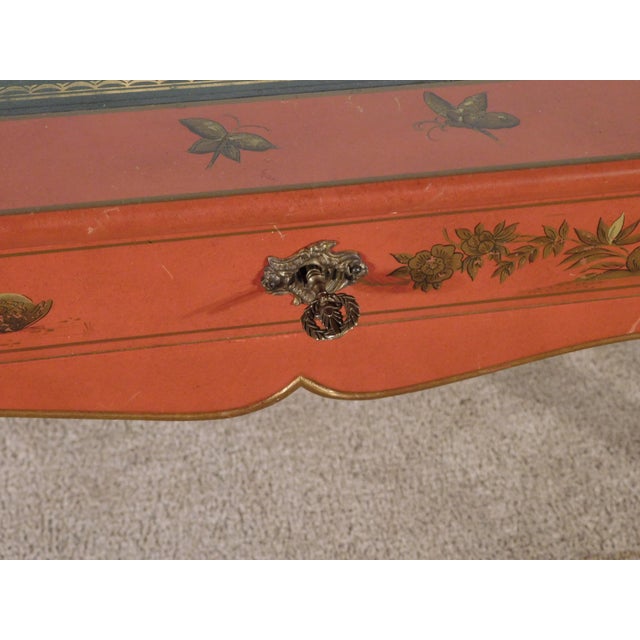 Antique Baker 1950s French Red Chinoiserie Leather Top Writing Desk & Arm Chairs For Sale - Image 12 of 16