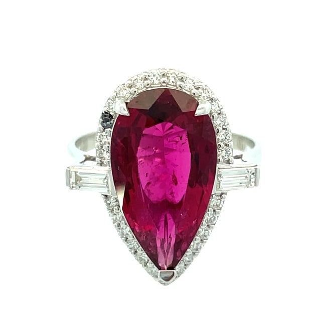 Metal 18k White Gold 5.33 Carat Weight Rubelite & Diamond Halo Ring, Size 7.75 For Sale - Image 7 of 12