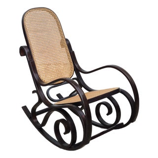 1970s Vintage Thonet Style Bentwood Cane Rocking Chair Dark Stained Frame For Sale