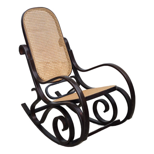 1970s Vintage Thonet Style Bentwood Cane Rocking Chair Dark Stained Frame For Sale