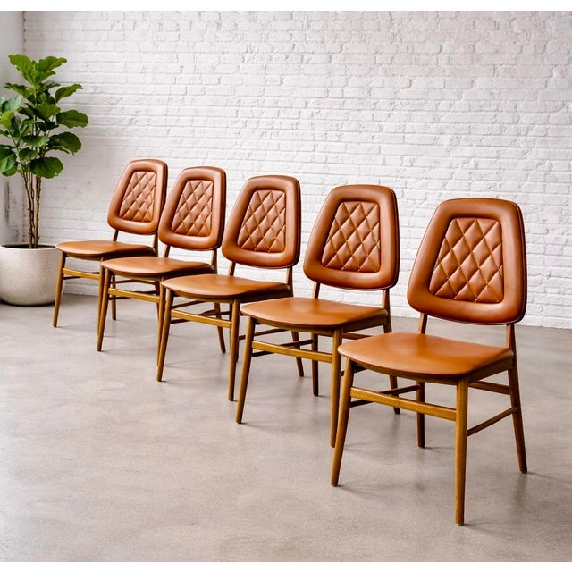 Set of 5 - Mid Century Modern Scandinavian Dining Chairs | Diamond Stitched Upholstery, C. 1960's For Sale - Image 4 of 15