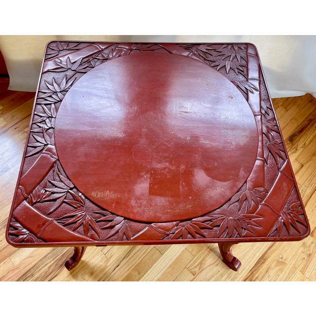 Chinoiserie 1900s Chinoiserie Style Lacquer Hand Carved Two Tier Table With Bamboo and Lotus Motifs in the Style of Liberty - For Sale - Image 3 of 11