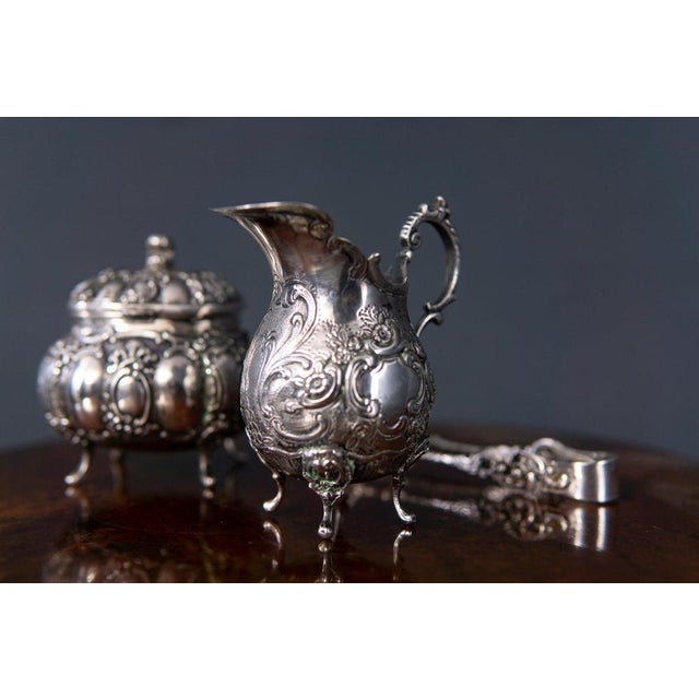Milk Jug, Sugar Bowl and Tongs in Silver, Set of 3 For Sale - Image 5 of 12