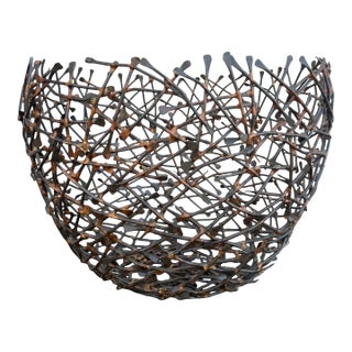 Brutalist Style Wired Metal Bowl Basket Catch All Birds Nest Bertoia Falkenstien For Sale