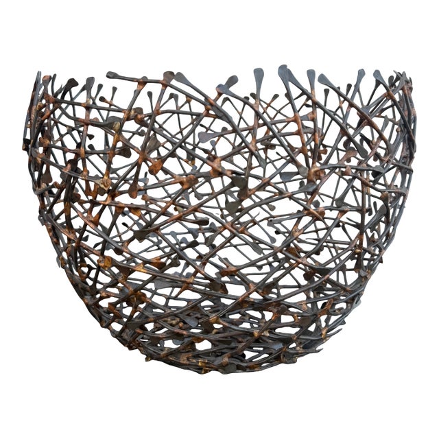 Brutalist Style Wired Metal Bowl Basket Catch All Birds Nest Bertoia Falkenstien For Sale