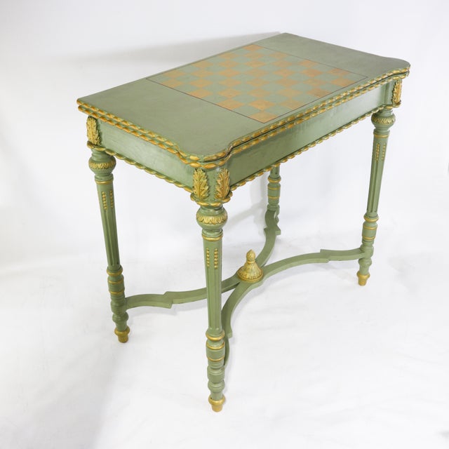 Vintage Neoclassical Green and Gilt Accent Game Table With Reversible Chess/Backgammon Top For Sale - Image 4 of 16