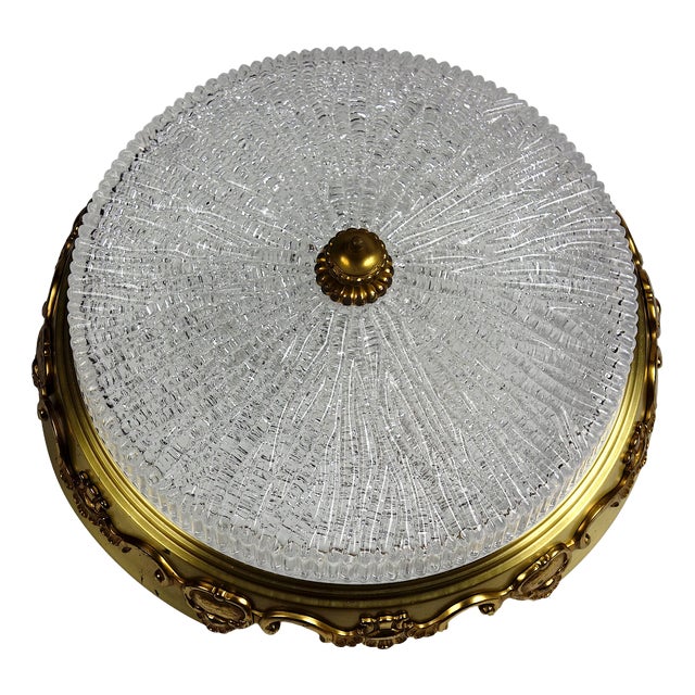 Brass and Crystal Glass Three-Light Ceiling Lamp from Kaiser, 1940s For Sale