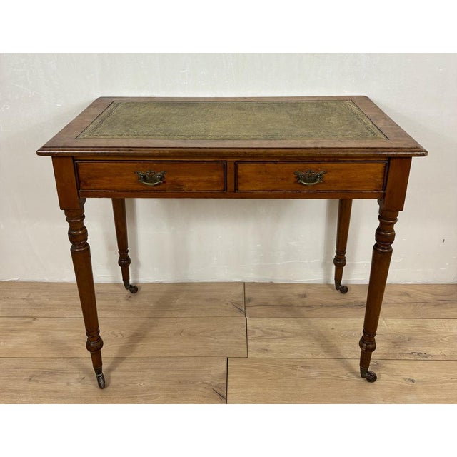 Antique English Style Wooden Writing Table with Leather Top and Drawers, 1930s For Sale - Image 13 of 13