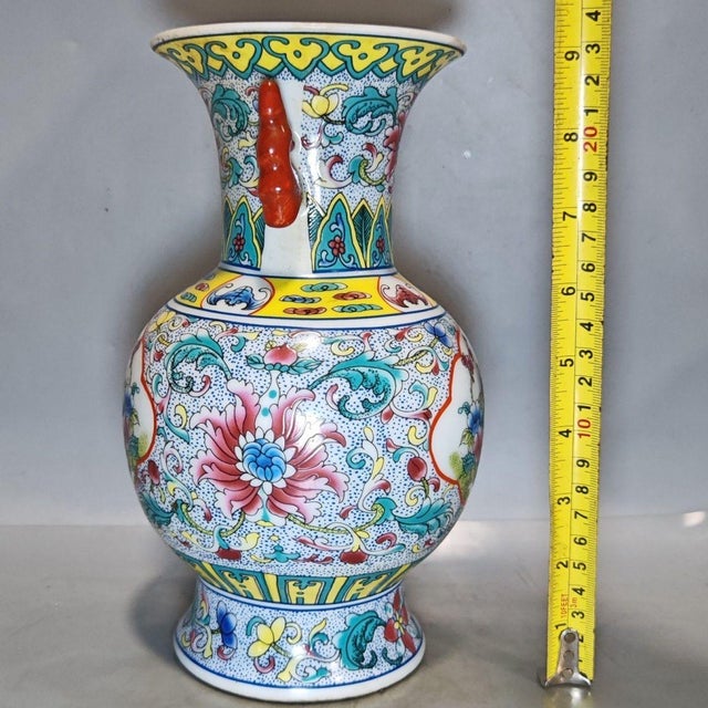 Chinoiserie Famille Rose Bird & Floral Two-Handled Porcelain Vase, Chinoiserie Decor Vessel For Sale - Image 3 of 7