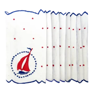 Vintage Nautical / Coastal / Beach Motif Red / White / Blue Sailboat Cocktail Napkins, Set of 8
