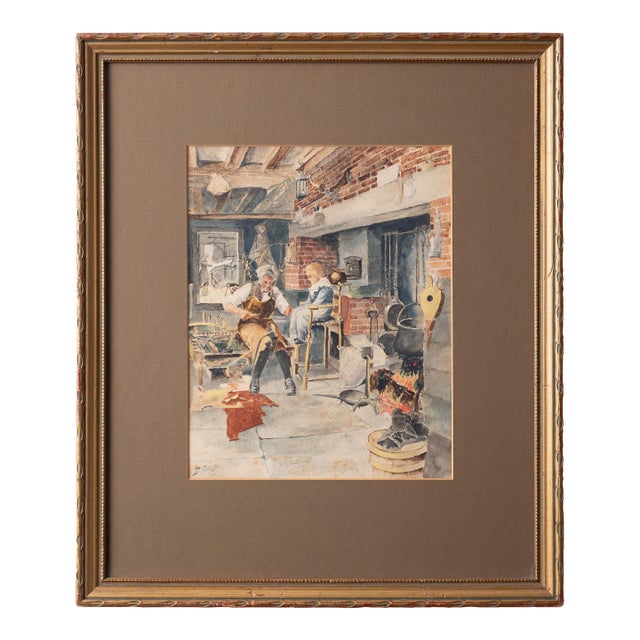 Watercolor of a Cobbler's Workshop Interior, Signed D'Artois, 1902 For Sale