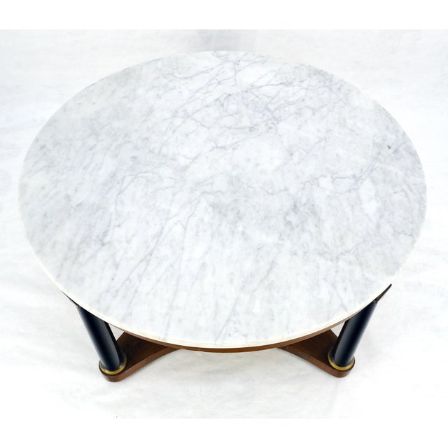 Round Marble Top Neoclassical Black Lacquer Pedestal Style Leg Coffee Table For Sale - Image 10 of 13