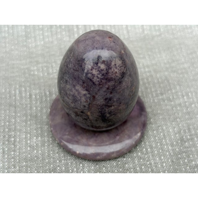 Vintage Italian, hand carved egg shaped alabaster sculpture with matching separate round stand in beautiful purple and...