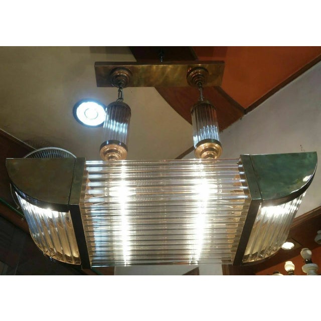 1940s Vintage Art Deco Skyscraper Rod Ship Light Chandelier Fixture in Brass & Glass For Sale - Image 5 of 7