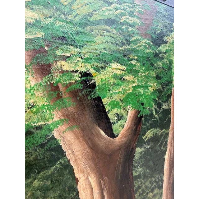 Brown Vintage Hand-Painted Peacock & Landscape Four-Panel Folding Screen For Sale - Image 8 of 16