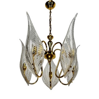 Large Brass and Murano Glass Leaves Chandelier, Italy, 1980s For Sale